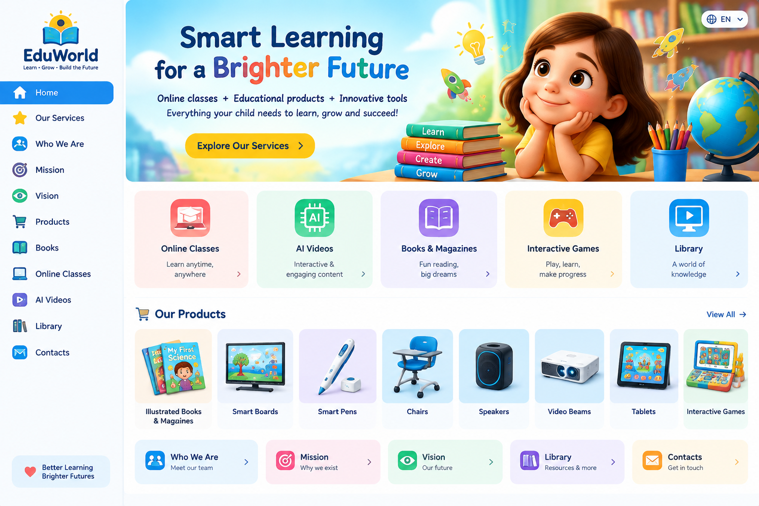 EduWorld learning platform preview with colorful classes, books, games, and education products